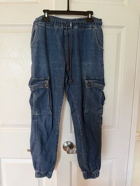 bebe Blue Denim Cargo Jogger Pants - Drawstring Waist